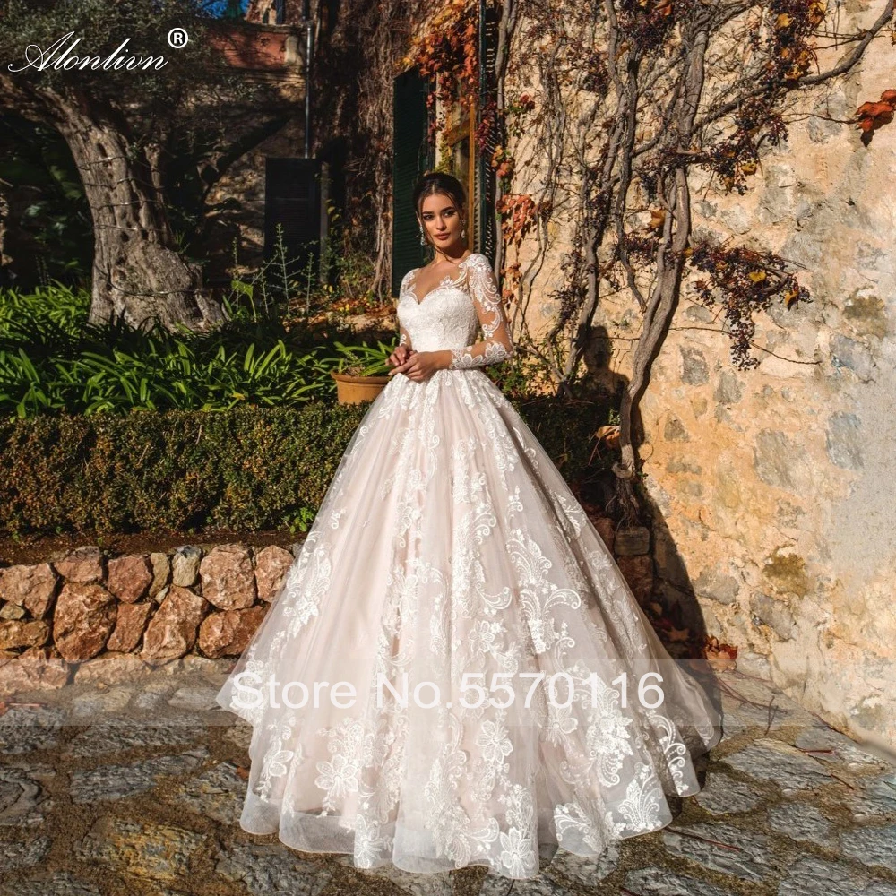 Alonlivn high-end apliques inteiros rendas saias de noiva vestido de noiva com decote em v a linha mangas compridas vestido de casamento