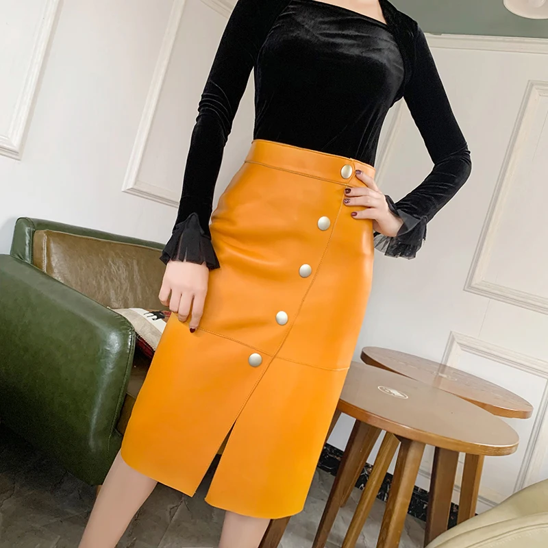 2024 New Winter Women French Retro Split Genuine Leather 65cm Long Skirt Female Knee Over Buttons Wine Red/Yellow Saia Faldas