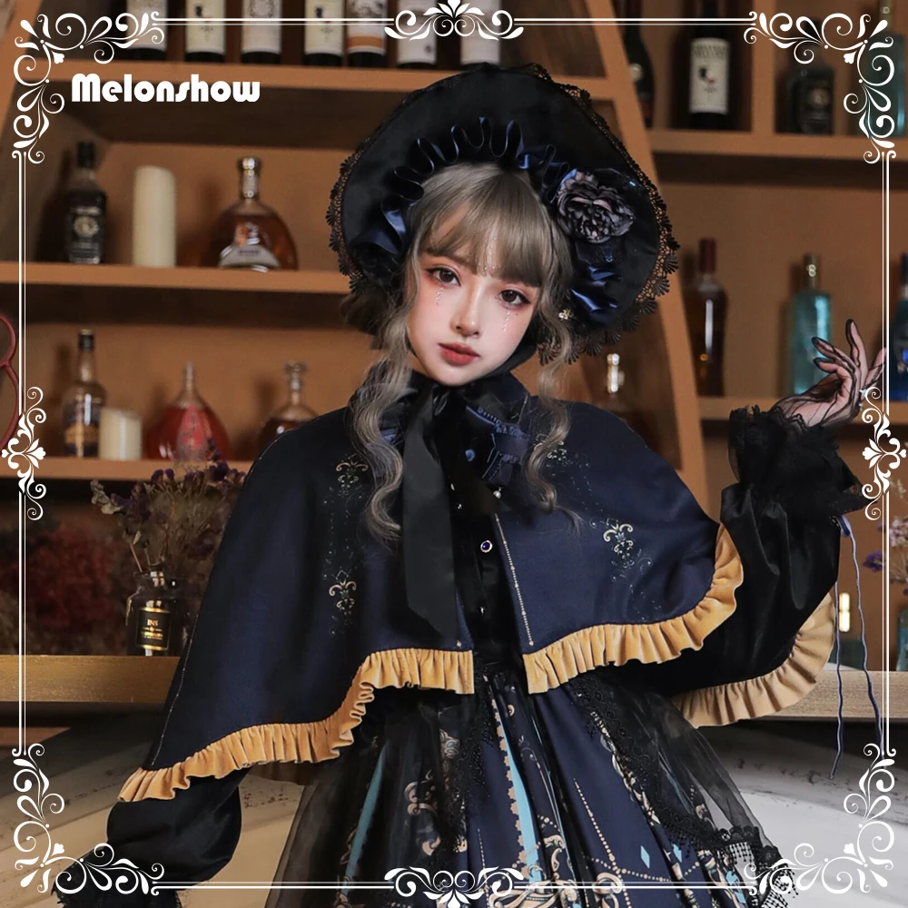 Melonshow Gothic Lolita Cape Women Vintage Coat Blue Autumn Spring Cloak Short Goth Tops Girls Outerwear Shawl Poncho