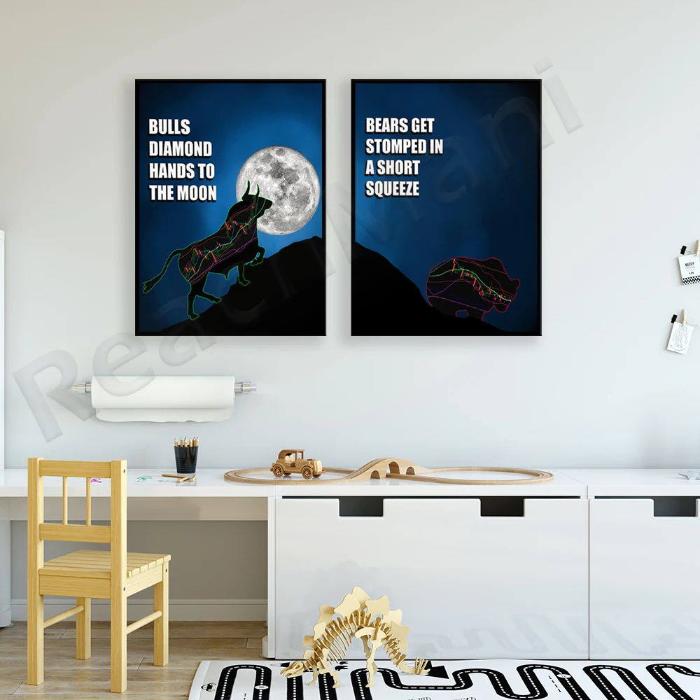 Bull market and bear market day trader quotation printing, modern office home decoration finance bitcoin stock trading art poste