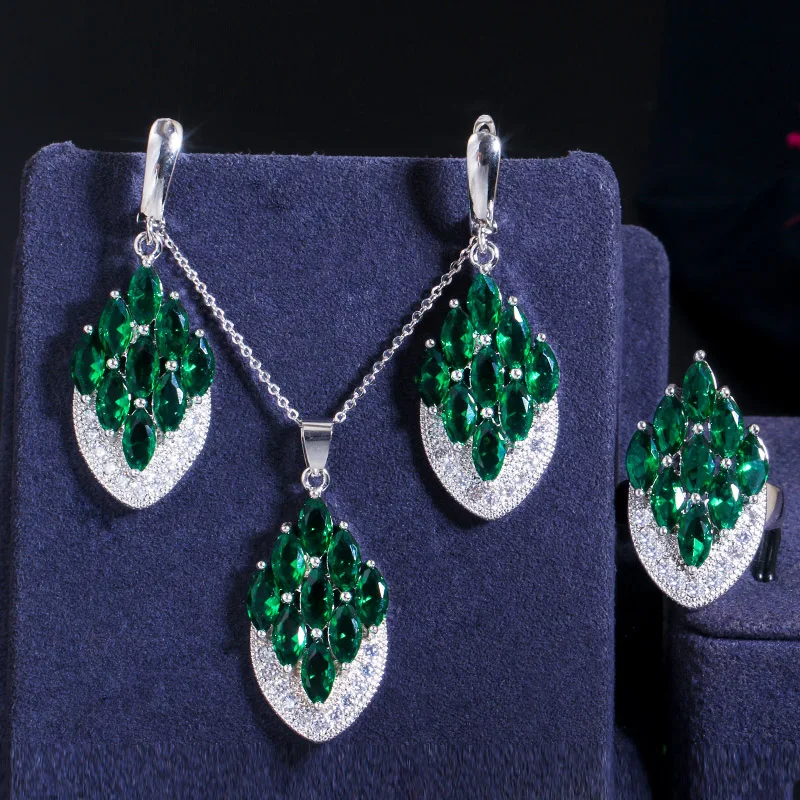 CWWZircons Künstlerischer Vintage Zirkonia Schmuck Bunter CZ Großer Tropfen Ring Anhänger Halskette Ohrring Set für Damen Großhandel T0009 – Detail 8