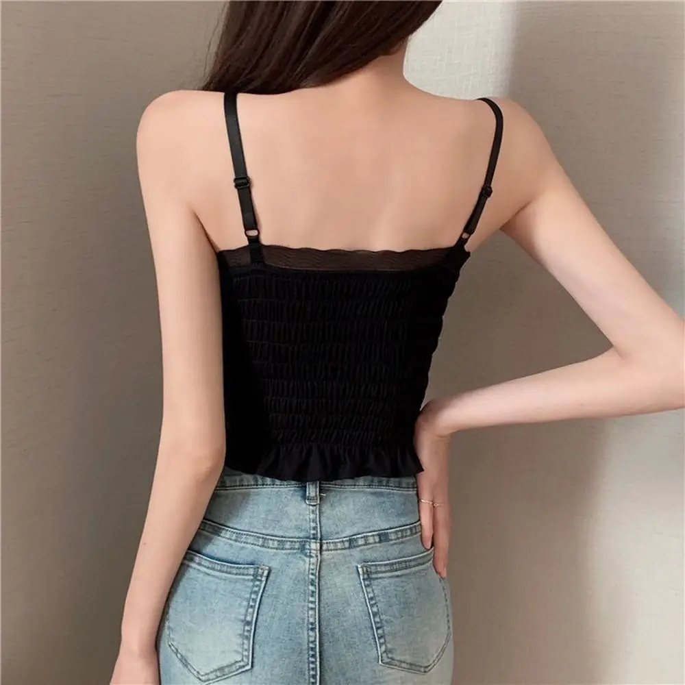 Women Tank Top Summer Top Folds Suspenders Vest V-neck Seamless Female Lace Trim chest Wrap Top Casual Tank Tops With Chest Pad