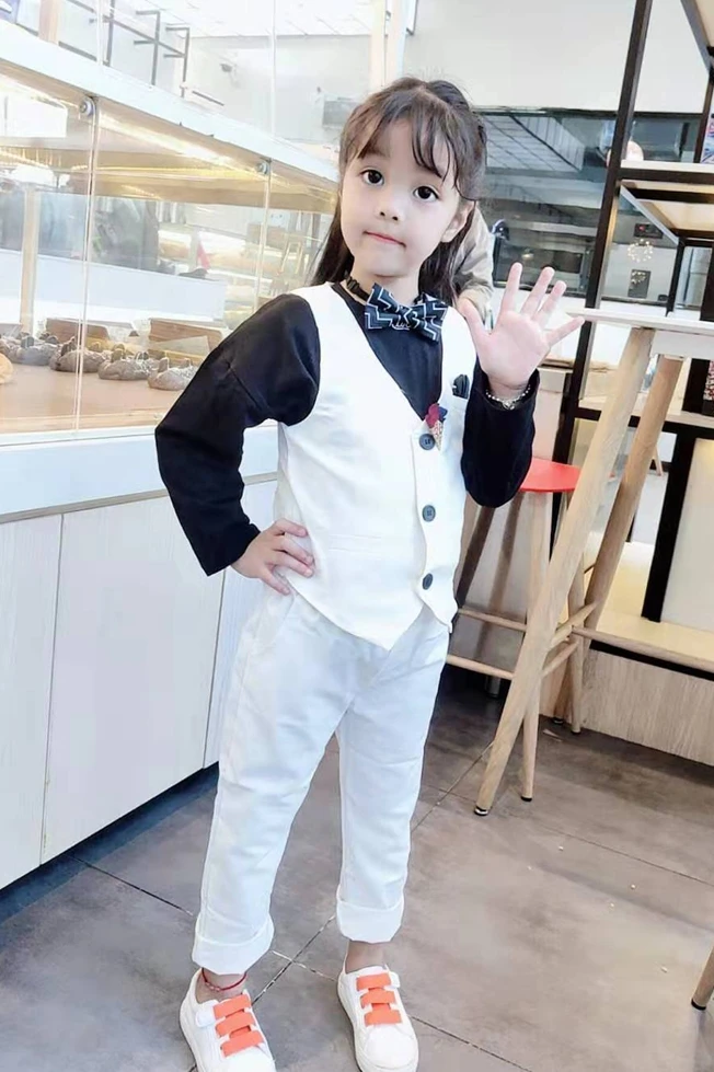 2021 Girls White Wedding Suit Kids Jacket+Vest+Pants 3Pcs baptism Tuxedo Clothing Set Children Graduation Party Costume