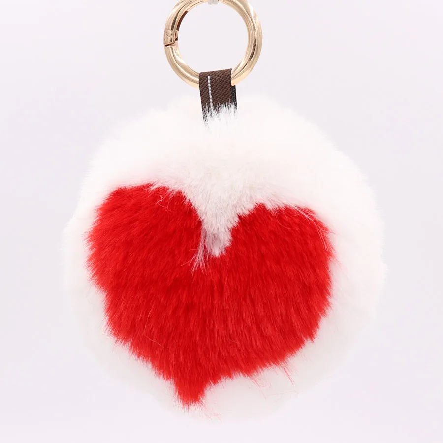 New Sweet fashion color matching round heart Fake Rabbit Fur Ball Key Chain Pompom Key Chain Key Rings  Girl Women Bag  Jewelry