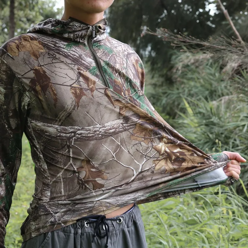 Summer Quick Dry Sun Protective Fishing Clothes Outdoor Hunting Bird Watch Bionic Camo Shirt Mens Stretch Breathable Hooded Tops