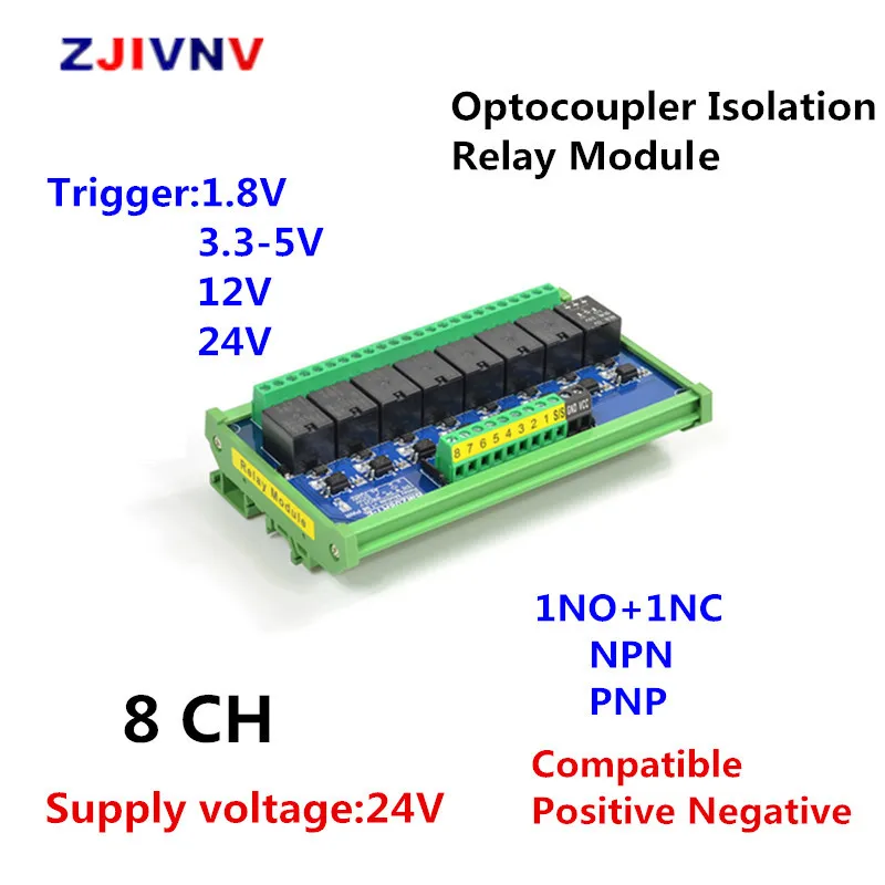 

8 Channels DC 24V 1NO+1NC Optocoupler Isolation Relay Module Trigger 1.8V/3.3-5V/12V/24V PLC Signal Amplification Board