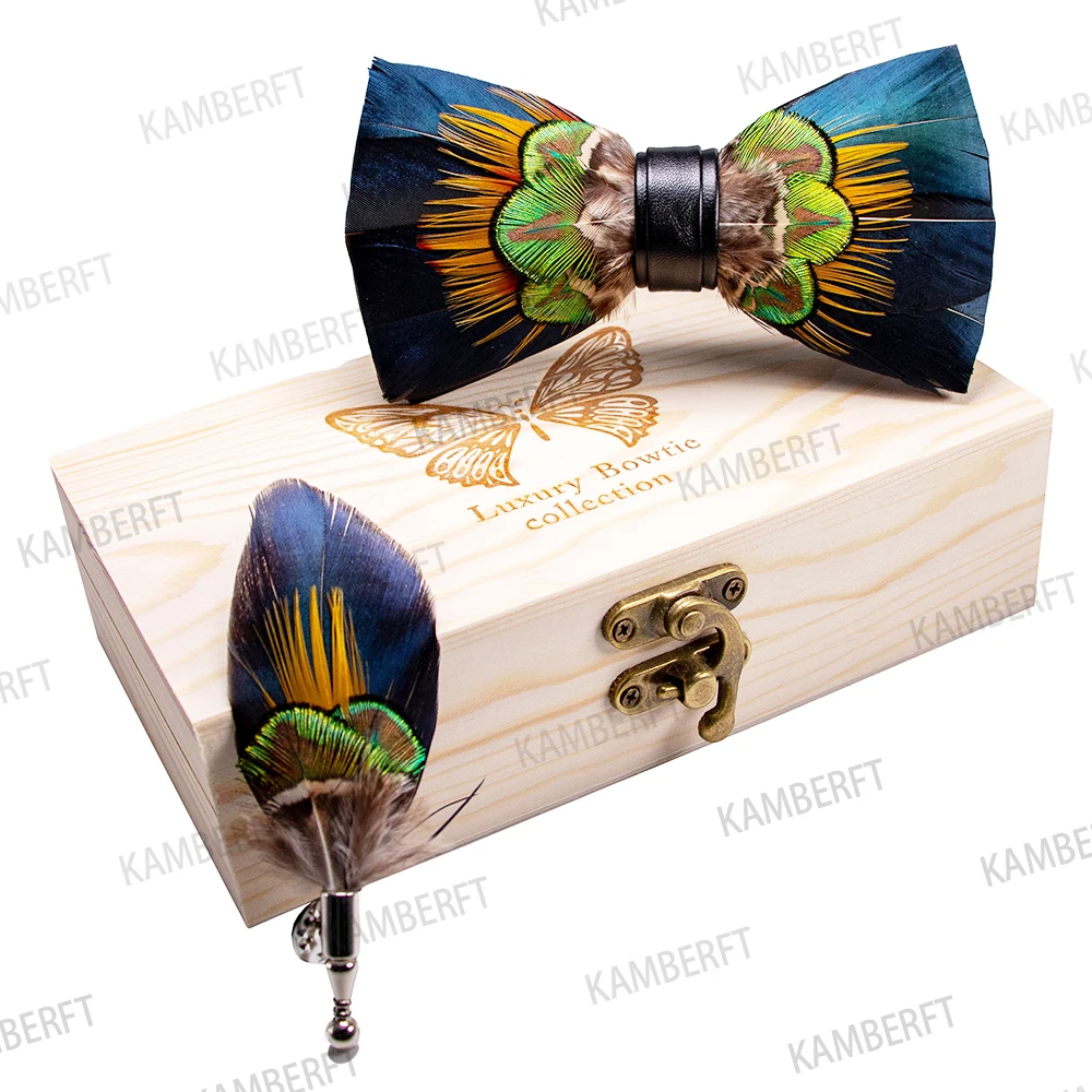 KAMBERFT 67 style New Design Natural Feather Bow tie Exquisite HandMade Mens BowTie Brooch Pin Wooden Gift Box Set for Wedding