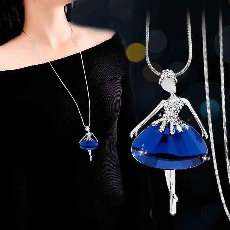 LWMMD Romanic Dancer Pendant Necklace Silver Color Blue Gray Crystal Ballet Dancing Girl Collar Necklace Fairy Jewelry