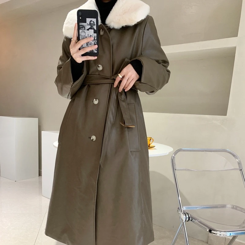 LMQ NEW 2020 Winter Women Faux Rabbit Fur Windproof Thick Warm PU Leather Belt Parkas Long Coats Jackets Leisure Streetwear