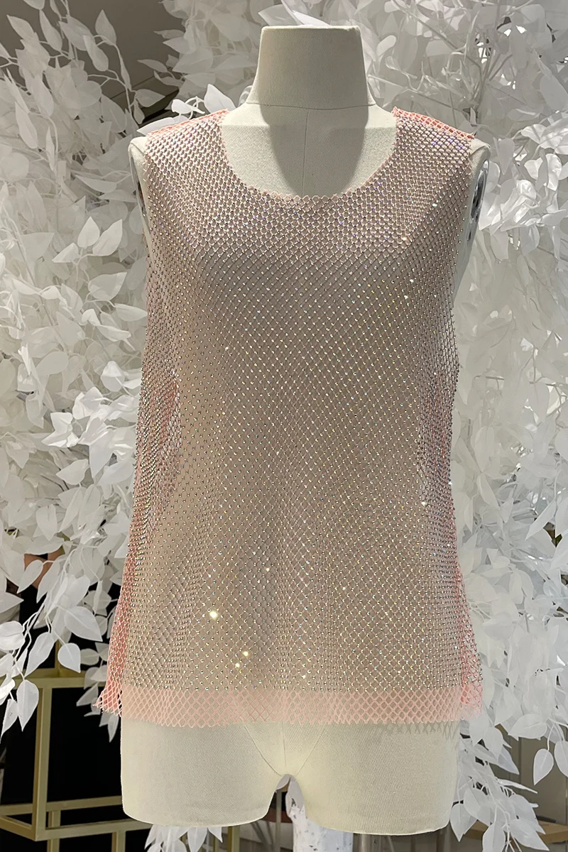 H80&S90 New Sexy Women Sleeveless Mesh Rhinestone Fashion Camie Tops Female Beach Club Shinny See Through Fishnet Tank Beachwear