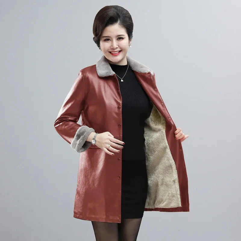 Women Mid-length Korean Leather Coat Female Autumn Winter Models All-match Loose Velvet Thick Cotton Coat Windbreaker Jacket A33