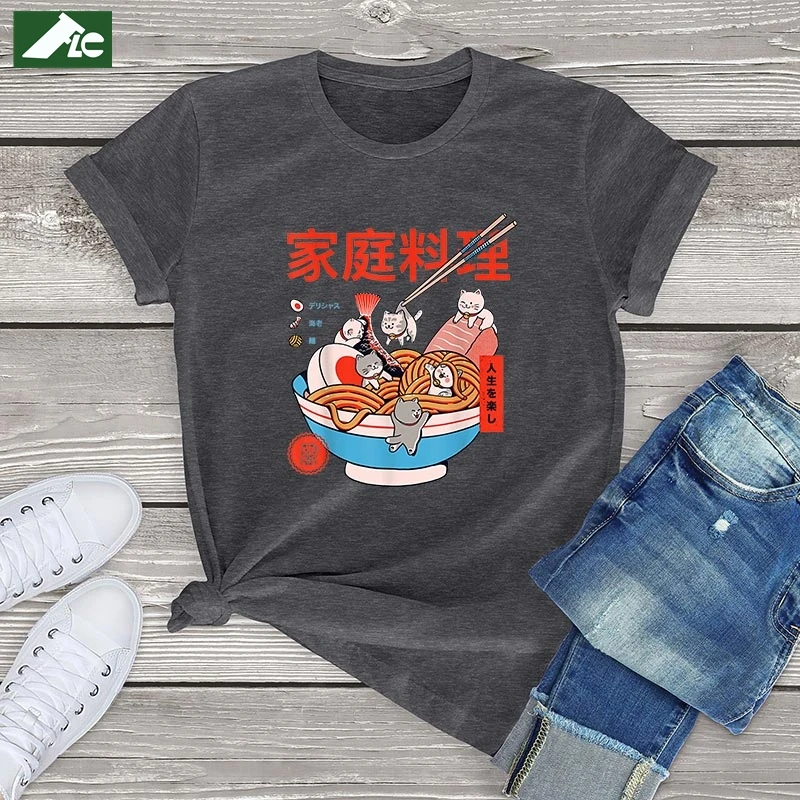 Cat Ramen And Mini Cat Graphic T Shirt Women Girl Clothing Summer 2023 Funny Japanese Noodle Print Shirt Kawaii Cat Fashion Tops