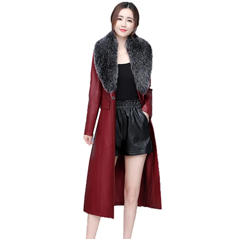 High Quality Women's Leather Coat 2022 Spring Autumn Winter Coat Long Over The knee Leather Jacket Slim Women Windbreaker 5XL