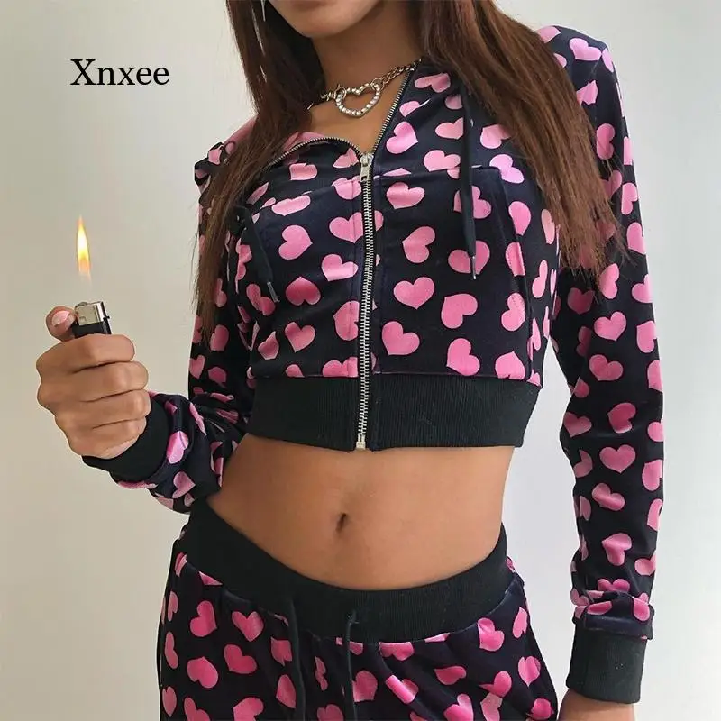 Fall/winter 2021 Women\'s Pink Velvet Cute Hoodie Women\'s Heart-Shaped Printed Kawaii Jacket Zipper Long Sleeve Short Sweatshirt