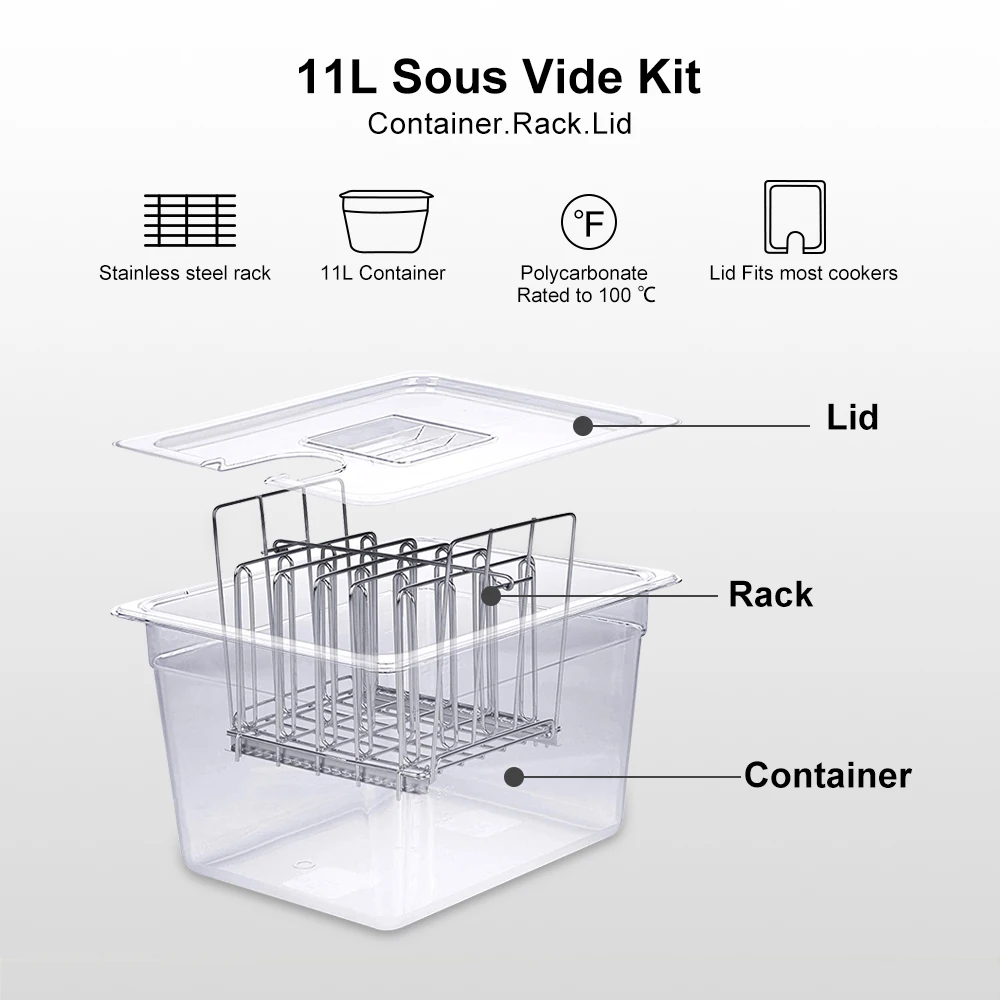 Stainless Steel Sous Vide Rack and 11L Sous Vide Cooker Containers Detachable Dividers Separator for Immersion Circulators