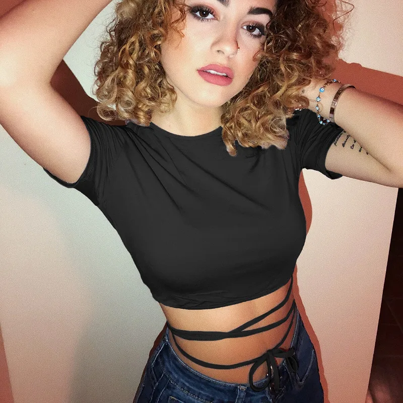 2024 Summer Women Black Short T-Shirts Sexy Crop Tops Short Sleeve Bandage Tee Tops Female Shirts