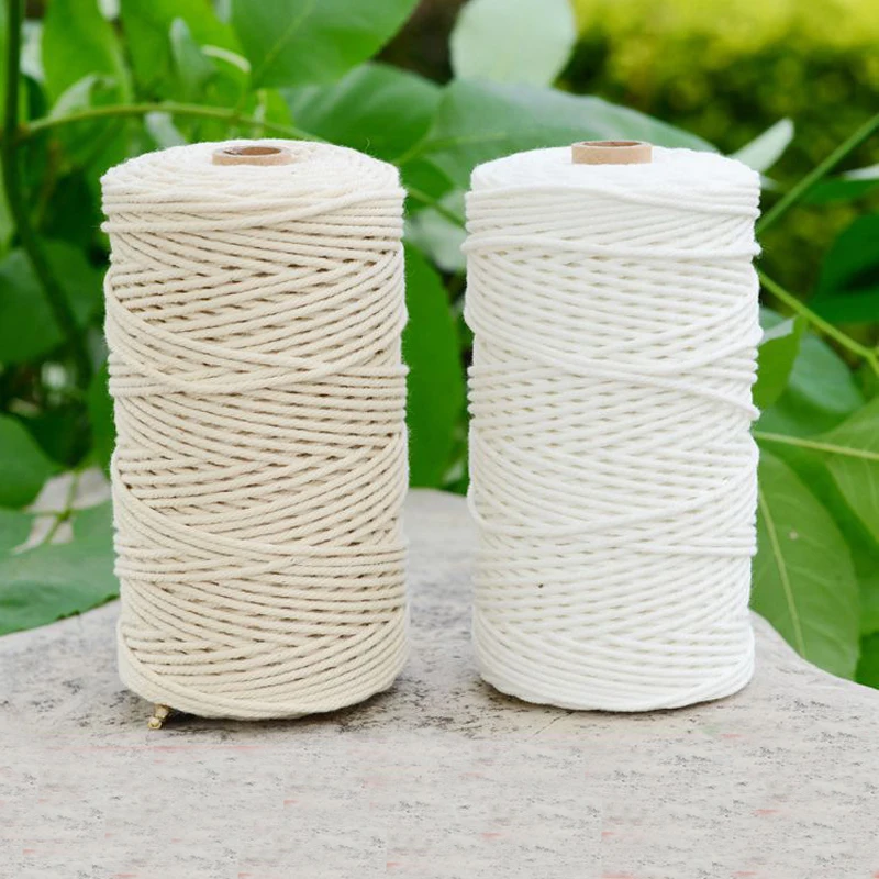 Trwałe 200m białe sznurki bawełniane naturalny beżowy skręcony sznurek Craft makrama ciąg DIY Handmade Home dekoracyjne dostaw 3mm