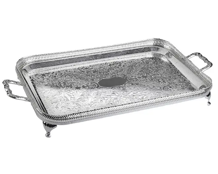 DOLBOVI Porio Silver Handle Side Hole Pedestal tray 64x34 tray поднос plateau de service