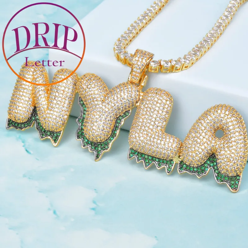 Green Color Drip Letters Custom Name Necklaces Zircon Men Hip Hop Jewelry