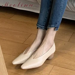 Meotina Shoes Women Natural Genuine Leather Thick Med Heels Shoes Square Toe Footwear Ladies Glove Shoes Spring Summer Apricot