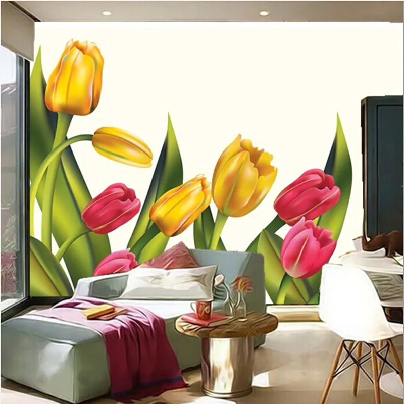 

Bacal Custom 3D bright and beautiful tulip oil painting murals papel de parede hotel TV wall bedroom 3d flower wallpaper huda