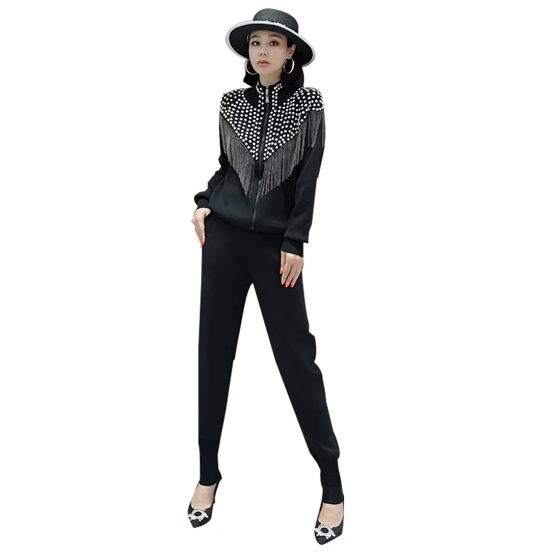 

2 piece set 2022 spring Tassel Sweater Set Runway women Long Sleeve Knitted Tops+Trousers Tracksuit women Fashion Two piece set