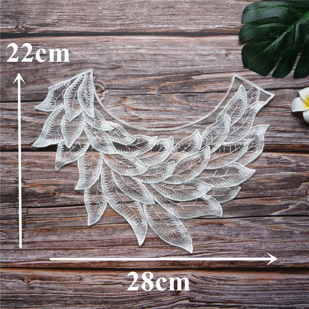 Black White Beige Feather Leaf Lace Fabric Collar Embroidered Appliques Vintage Mesh Sew Patch For Wedding Evening Dress DIY