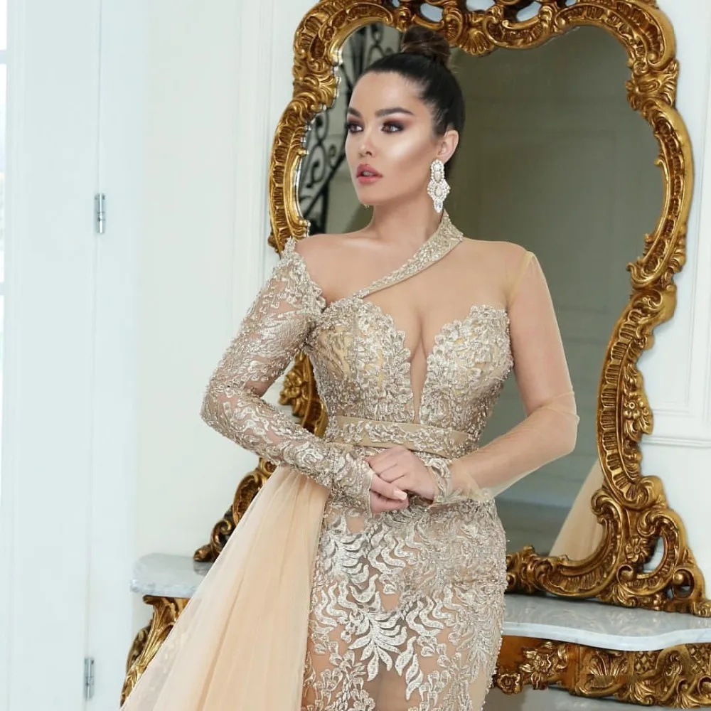 Robe de Soirée de Forme Sirène en Dentelle, Tenue Élégante, Couleur Champagne, Dos aux, Manches sulf, Longue, Quelle que soit la Jupe Latérale, pour Occasions Formelles