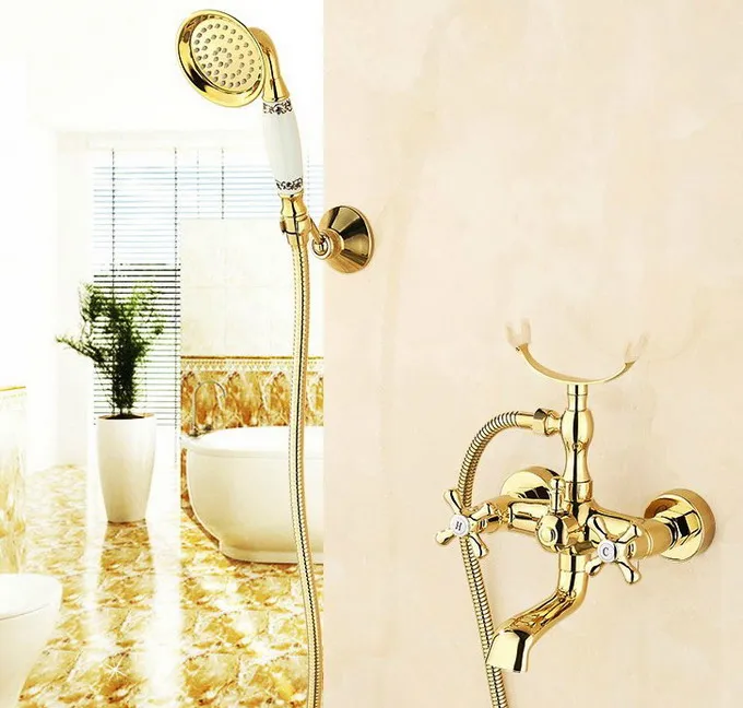 Modern Luxury Golden Brass Wall Mount Bathroom Tub Faucet Set with 1.5M Handheld Shower Spray Head Mixer Tap 2tf124