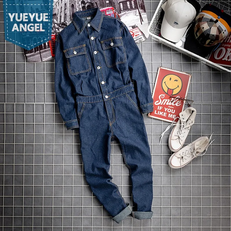 Safari Style Men Autumn One Piece Long Sleeve Denim Overalls Casual Work Cargo Pants Slim Jeans Jumpsuit Vintage Cowboy Rompers