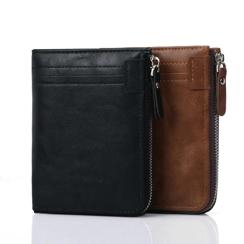 

Men's Leather Wallet Vintage Man Short Purses Men RFID Wallets With Zipper Male Slim Credit Card Holder Black