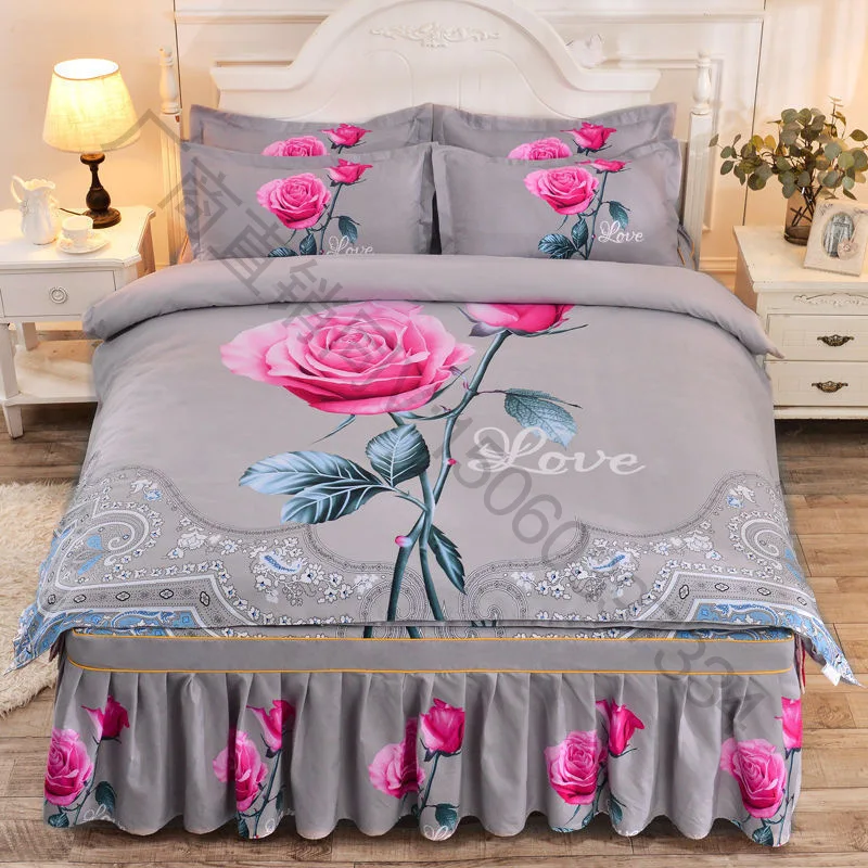 

Fashion 4pcs Set Sanding Soft Thicken Bedding Set Wedding Bed skirt Duvet Cover Pillowcases King Queen Twin Bedding Sets