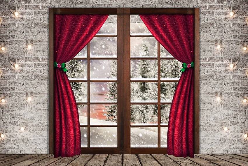 Christmas Trsses Photo Background Backdrops Red Curtain Brick Light Wall Fireplace Wooden Floor Christmas Decorations for Home