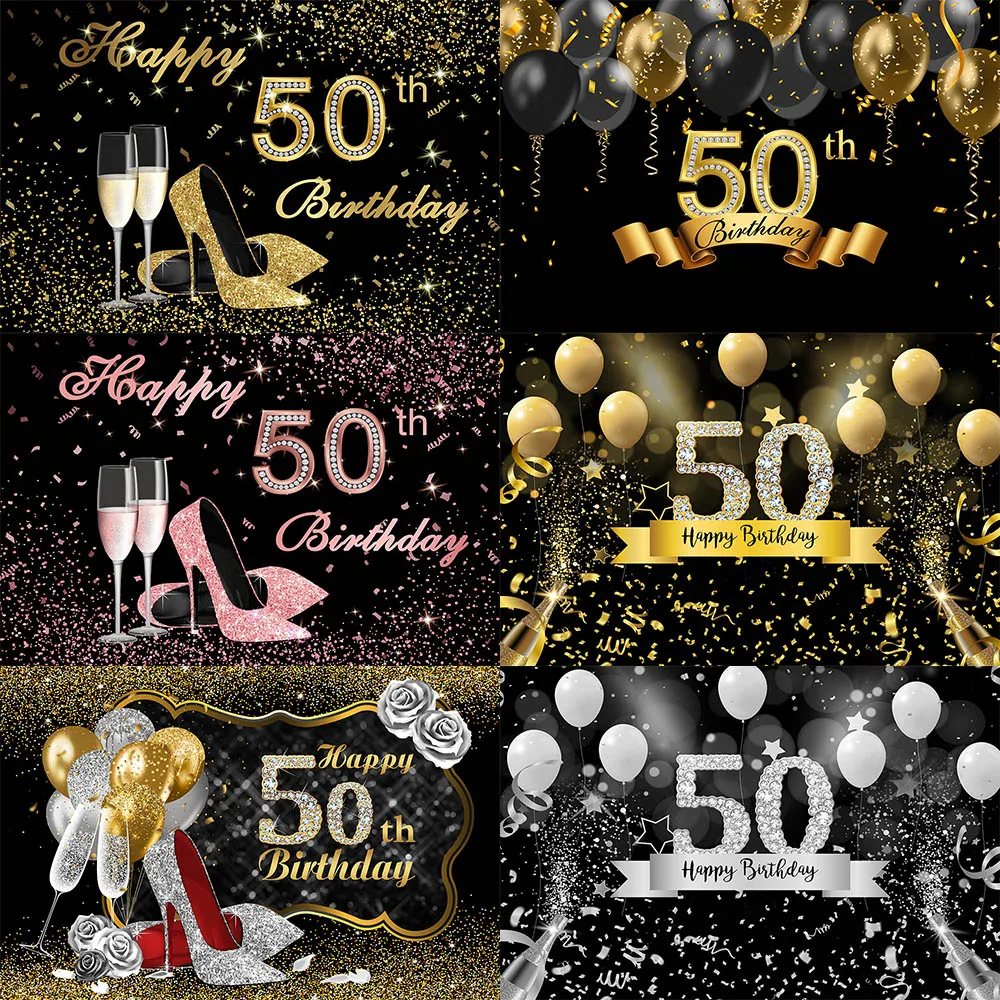 

Happy 50th Birthday Photography Backdrops Party Decor Gold Glitter Balloon High Heel Champagne Photo Background Photocall Banner