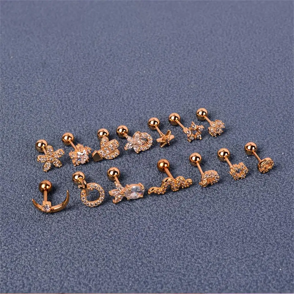 1 piece Small Bar Stud Earrings Mix Style Helix Screw Ball Ear Cartilage Piercing Studs Women Girl Cute Crystal CZ Body Jewelry