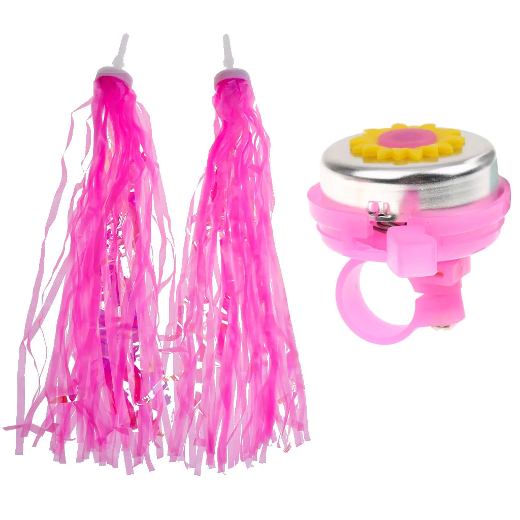 Bicycle Streamers Tricycle Kids Girls Children Handlebar Grips Tassels + Cycle Bike Horn Bell Accessories Set