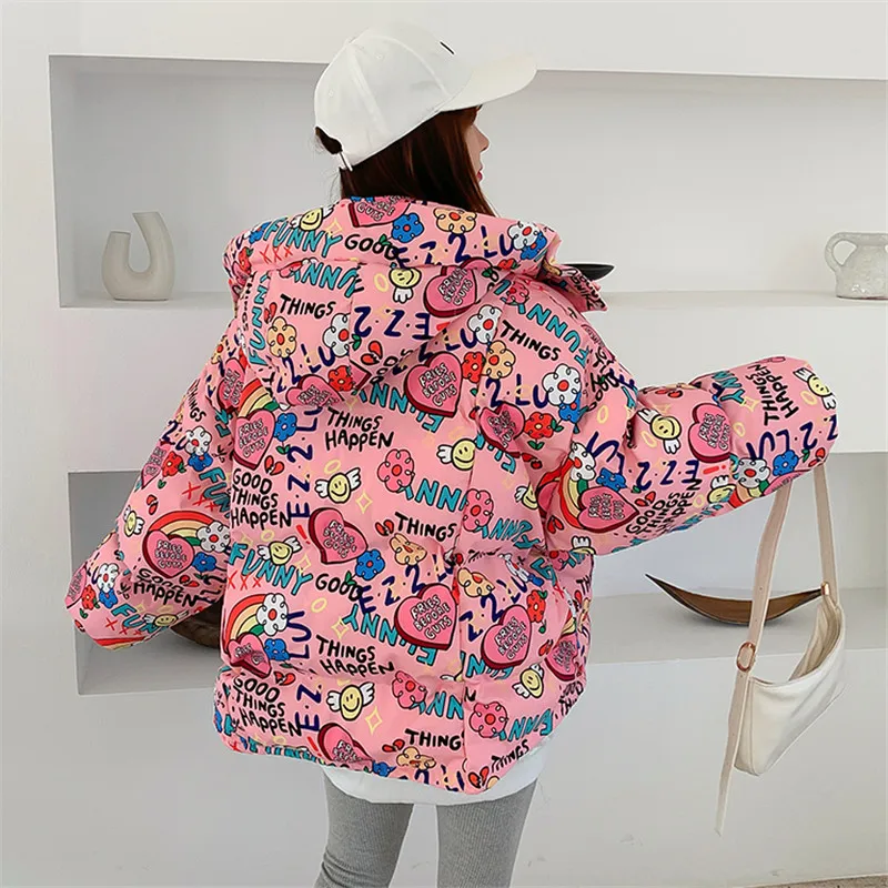 Cartoon Print Down Jackets Women Fashion Hooded Short Parka Thick Warm Winter Jacket Korean Loose Casual Cotton Coat Female