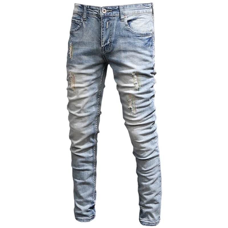 Mens Classic Vintage Light Blue Ripped Jeans Men Fashion Korean Style Embroidery Straight Slim Fit Denim Pants