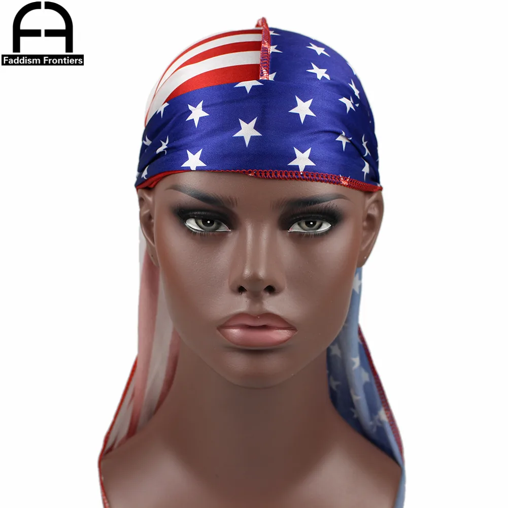 Patchwork Flag Men Silk Durag Headwrap Bandanas For Men Stars Printing Silky Durag Wave Cap Durag