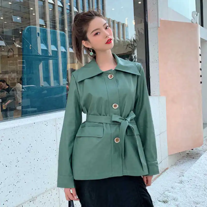 

Elegant New Autumn Jacket Female Faux Soft Womens Leather Jacket PU Green Slim Leather Jacket Ladies Basic Street Coat With Belt