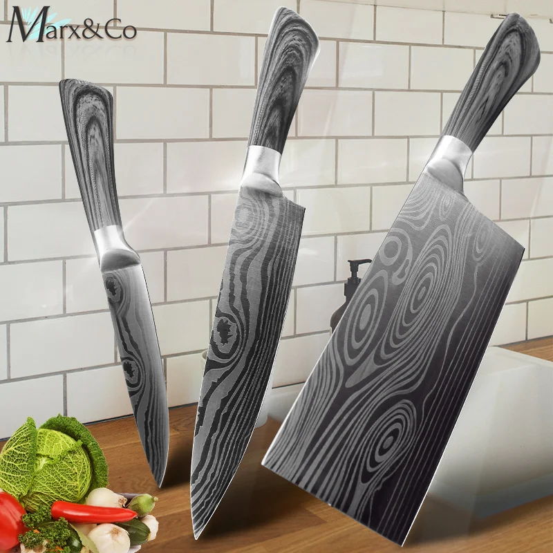 

Kitchen Knife 5 7 8 inches Stainless Steel Chef Knives Meat Cleaver Utility 440C lazer damacuse pattern Cooking 1-3Pcs Set