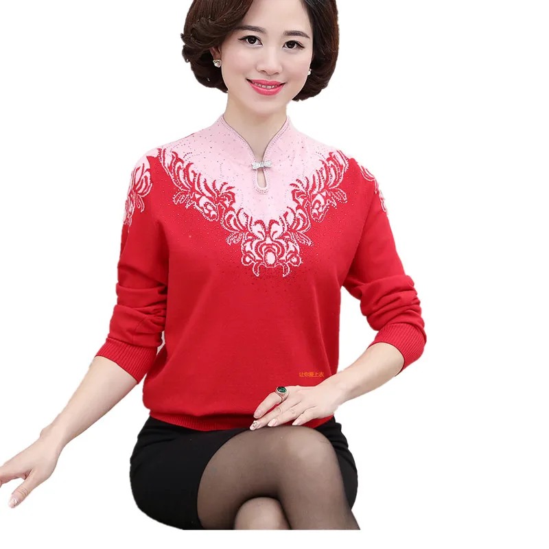 Fashion Qipao Neck Sweater Pullovers Women Knitwear Tops Autumn Winter Slim Kniting Bottoming shirt Mother Dress