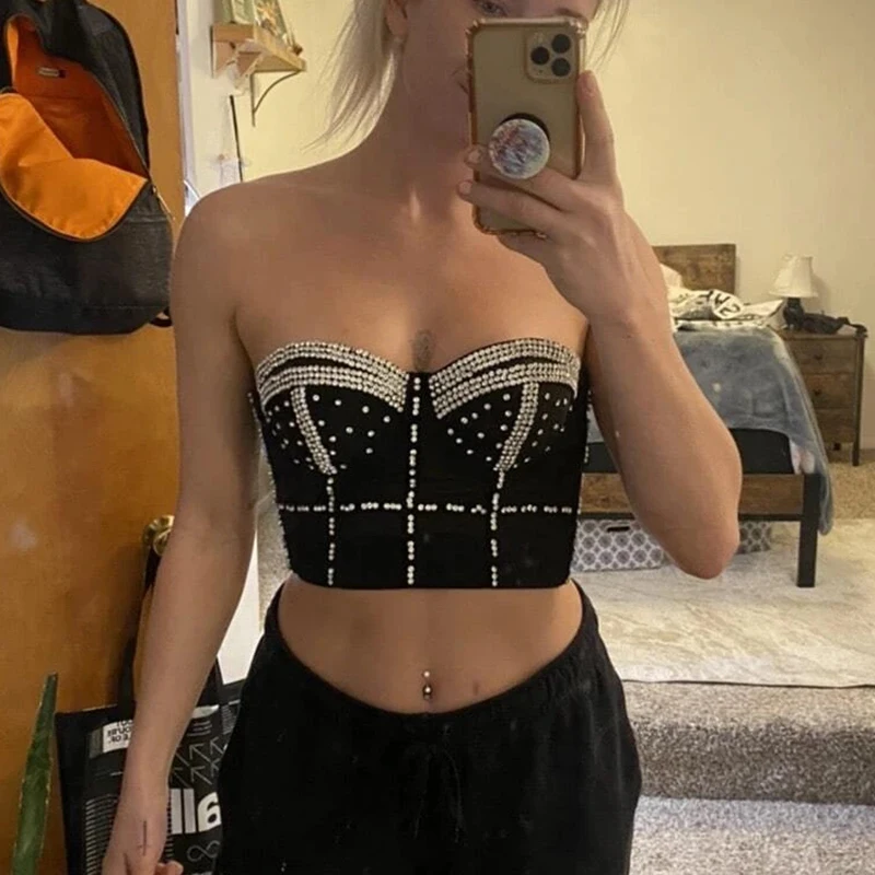 

Cupnaya Women Sexy Rhinestones Diamantes Decor Crop Top Ladies Club Dance Elastic Wrap Corsets Camisoles Black White Green Red