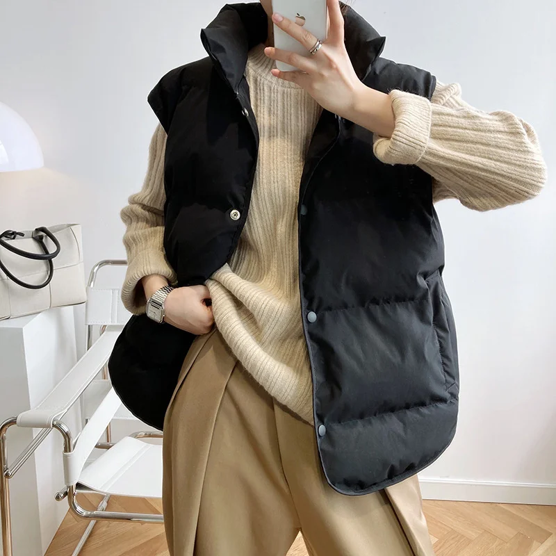 Stehen Neck Puffer Baumwolle Weste Beige Schwarz Herbst Winter Lose Weste Frauen Jacke