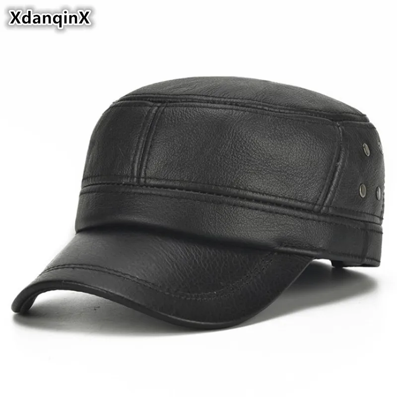 

2024 Winter Men's Warm Earmuffs Hat Genuine Leather Cap Cowhide Leather Military Hats Adjustable Size Brands Flat Caps For Men