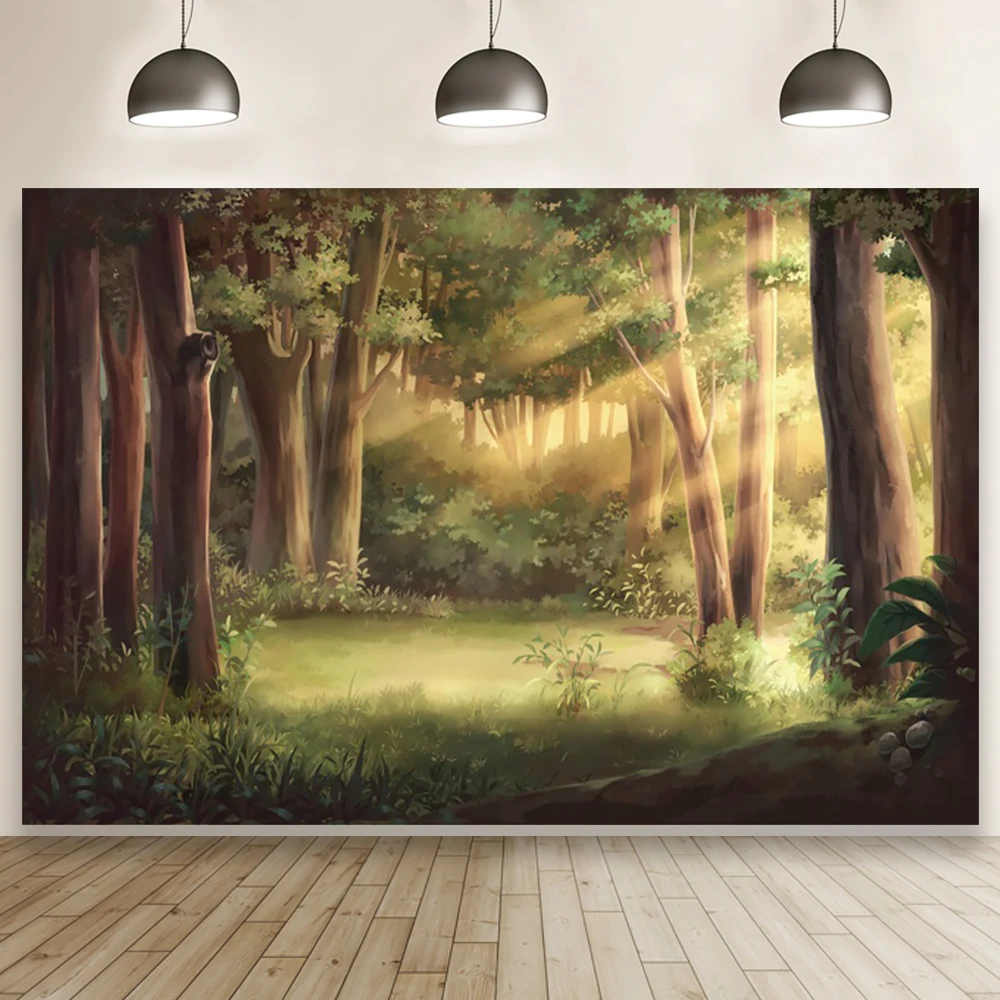 

Laeacco Fairy Tale Green Forest Sunlight Scenery Baby Birthday Portrait Room Decor Backdrop Photographic Photo Background