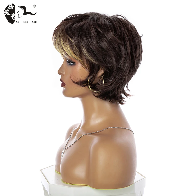 8inch Short Mixed Brown Synthetic Straight Pixie Cut Natural Wave Hair With Bangs For Women High Temperature Fiber Wigs XISHIXIU