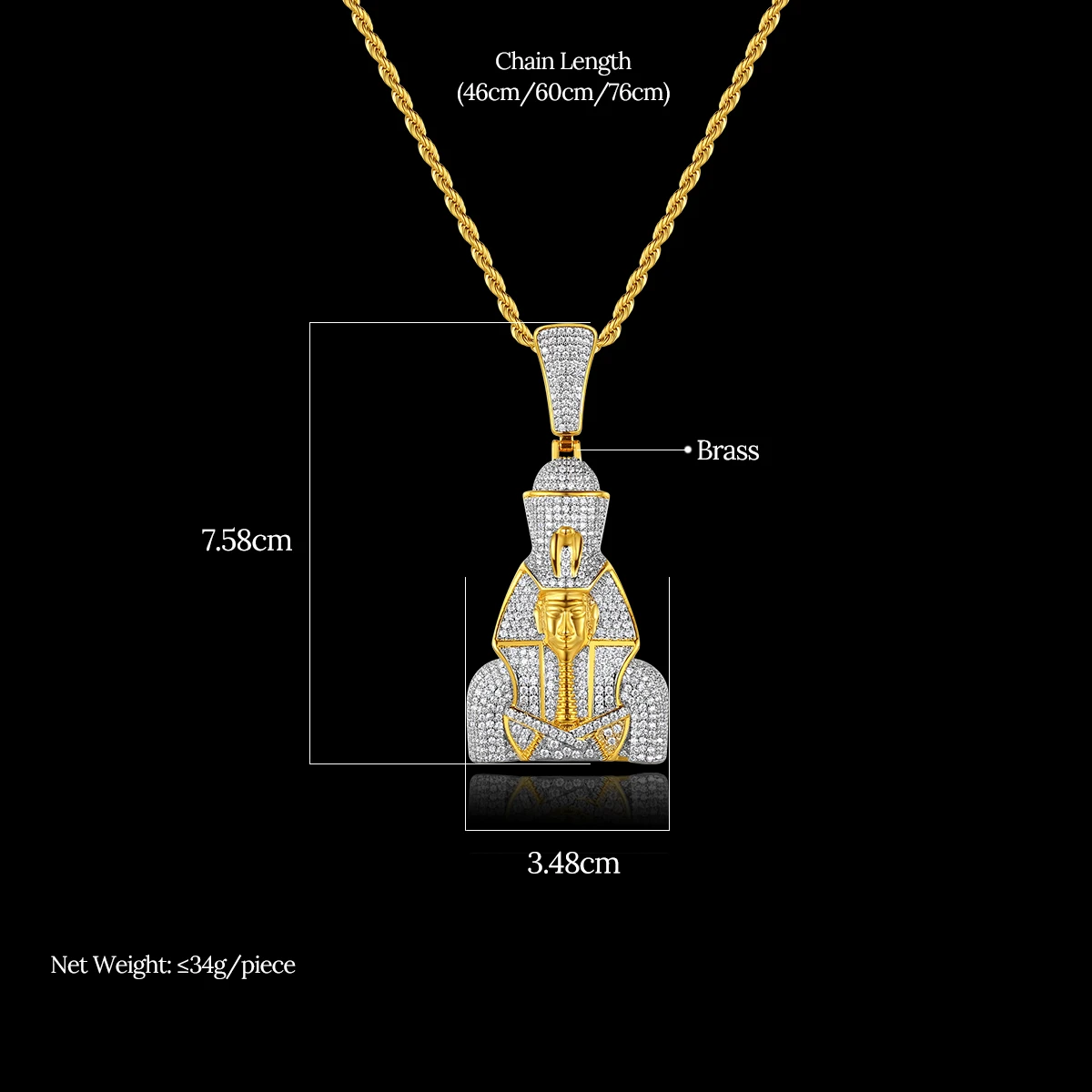 JINSE Unique Design Cubic Zirconia Trendy Necklace Gold Colr Egyption Pharaoh Crystal Pendant Chain for Man Hip Hop Fashion Gift