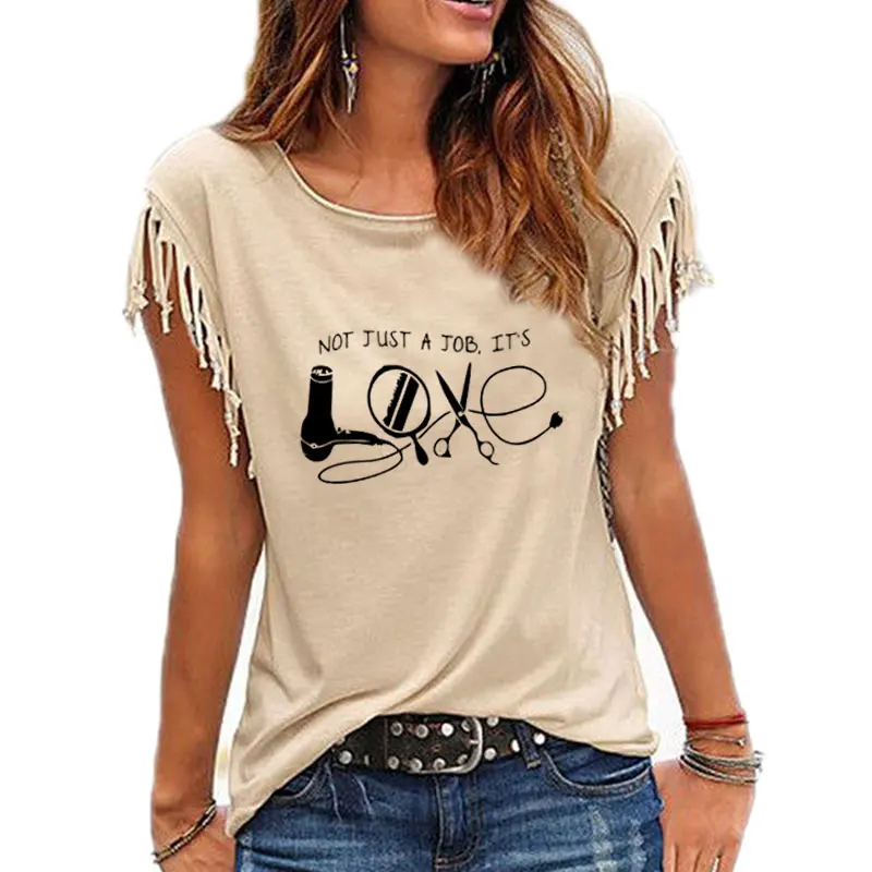 2021 New Summer Hairdresser T Shirt High Quality Leisure Women Short Sleeve Cotton Sexy Tassel Tee Tops