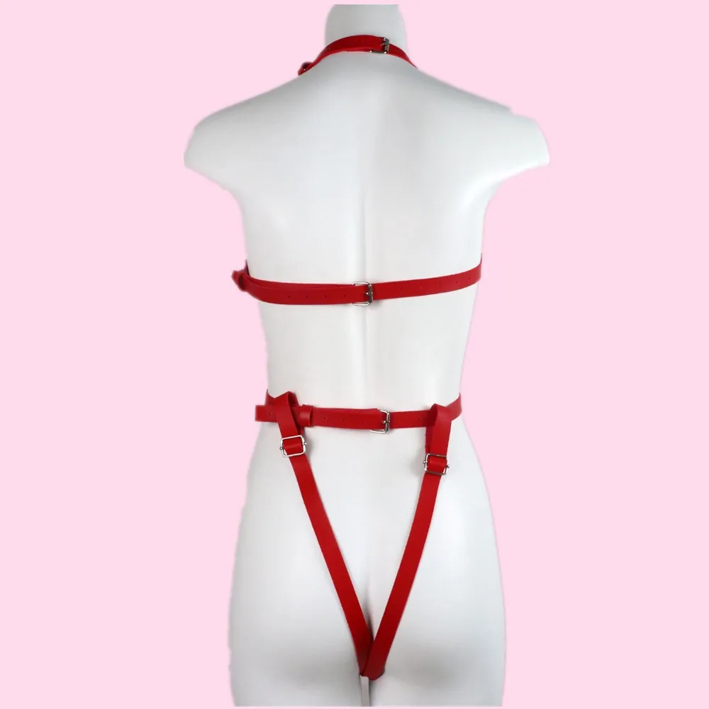 Women Sexy Harness Red PU Leather Fetish Garter Belt Punk Full Body Bandage Lingerie Cage Gothic Suspender Har Rave Clothes 2021